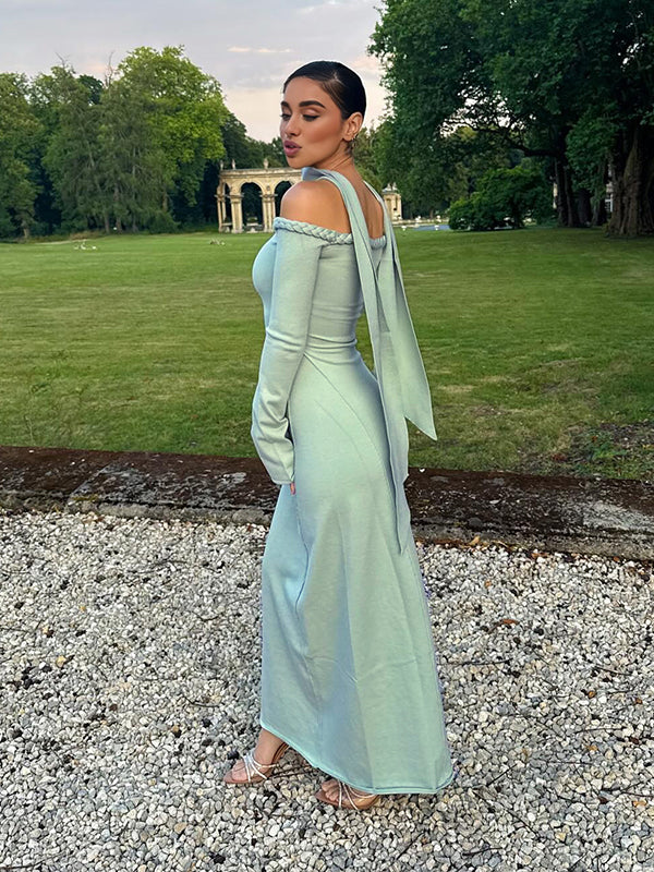 Mumsmode Zwangerschaps Maxi Cocktailjurk Elegant Chique Off Shoulder Kabelbreiwerk Lintje Flare Mouw