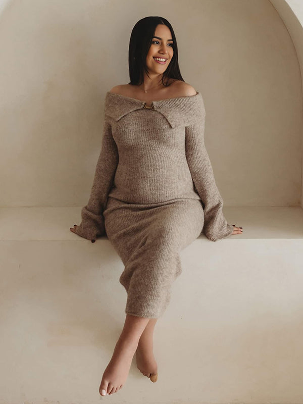 Mumsmode Zwangerschaps Maxi Fotoshoot Jurk Truien Elegant Chique Bezet Off Shoulder Bodycon