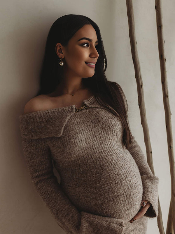 Mumsmode Zwangerschaps Maxi Fotoshoot Jurk Truien Elegant Chique Bezet Off Shoulder Bodycon