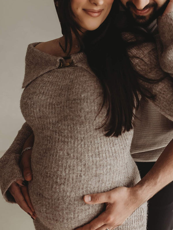 Mumsmode Zwangerschaps Maxi Fotoshoot Jurk Truien Elegant Chique Bezet Off Shoulder Bodycon