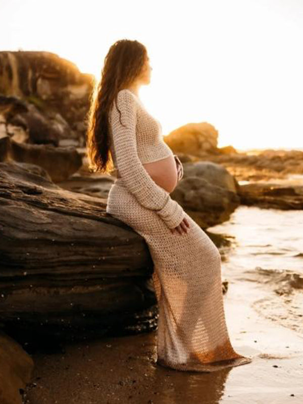 Mumsmode Zwangerschaps Maxi Fotoshoot Jurk Vakantie Chique 2-in-1 Gebreide Zijsplit