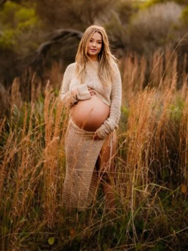 Mumsmode Zwangerschaps Maxi Fotoshoot Jurk Vakantie Chique 2-in-1 Gebreide Zijsplit