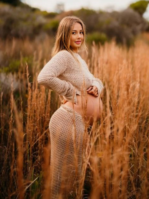 Mumsmode Zwangerschaps Maxi Fotoshoot Jurk Vakantie Chique 2-in-1 Gebreide Zijsplit