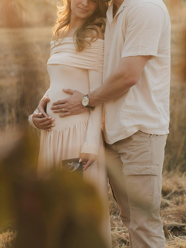 Mumsmode Zwangerschaps Maxi Fotoshoot Jurk Elegant Chique Off Shoulder Gekreukt Trapeze
