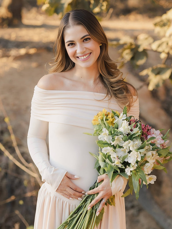 Mumsmode Zwangerschaps Maxi Fotoshoot Jurk Elegant Chique Off Shoulder Gekreukt Trapeze