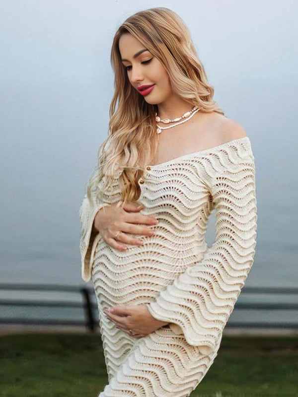 Mumsmode Zwangerschaps Maxi Fotoshoot Jurk Vakantie Gebreide Rugloos Golvende Rand