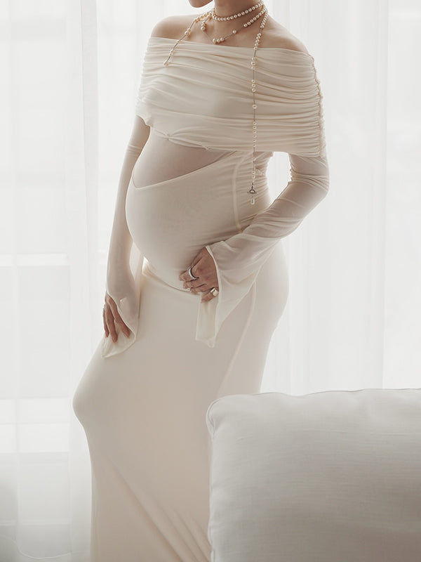 Mumsmode Zwangerschaps Maxi Babyshower Jurk Elegant Chique Patchwork Gekreukt Tule Off Shoulder Zeemeermin