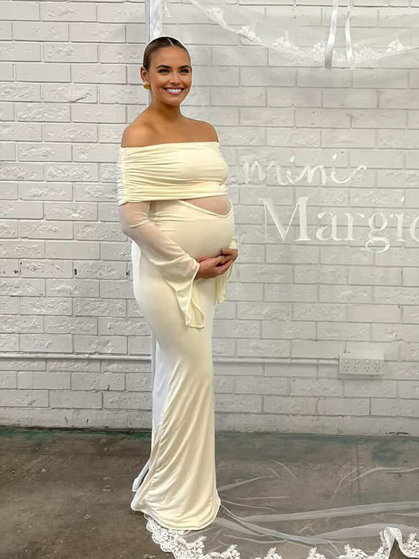 Mumsmode Zwangerschaps Maxi Babyshower Jurk Elegant Chique Patchwork Gekreukt Tule Off Shoulder Zeemeermin