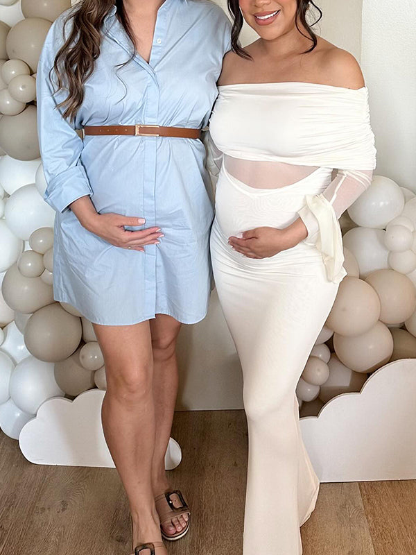 Mumsmode Zwangerschaps Maxi Babyshower Jurk Elegant Chique Patchwork Gekreukt Tule Off Shoulder Zeemeermin