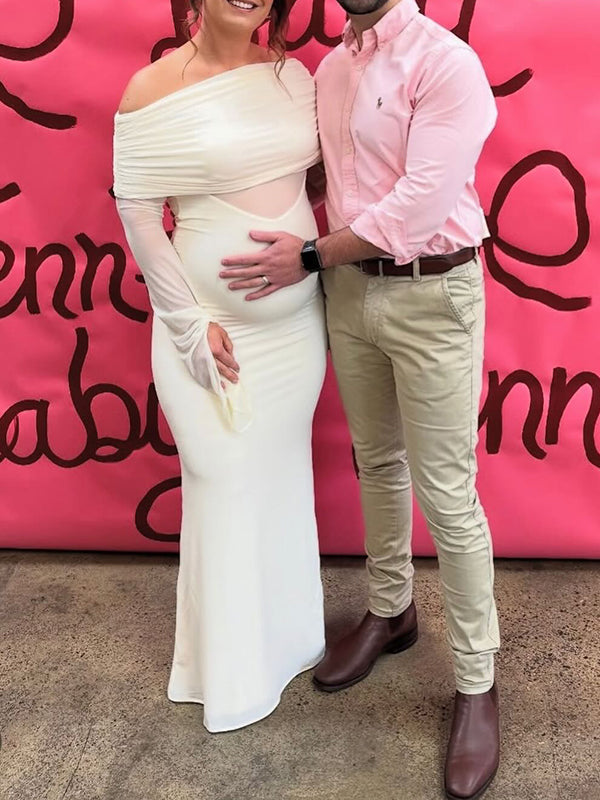 Mumsmode Zwangerschaps Maxi Babyshower Jurk Elegant Chique Patchwork Gekreukt Tule Off Shoulder Zeemeermin