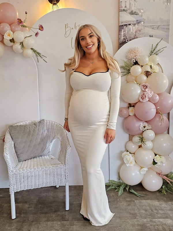 Mumsmode Zwangerschaps Maxi Babyshower Jurk Elegant Chique Contrasterende Kleuren Gestreept Bodycon