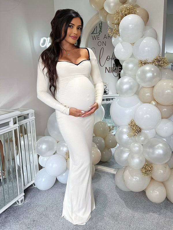 Mumsmode Zwangerschaps Maxi Babyshower Jurk Elegant Chique Contrasterende Kleuren Gestreept Bodycon
