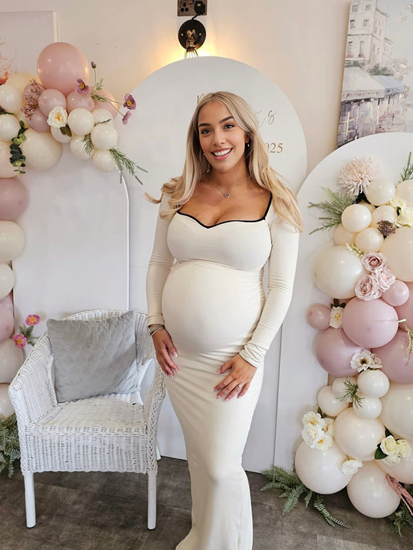 Mumsmode Zwangerschaps Maxi Babyshower Jurk Elegant Chique Contrasterende Kleuren Gestreept Bodycon