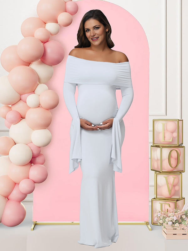 Mumsmode Zwangerschaps Maxi Babyshower Jurk Elegant Chique Off Shoulder Bodycon Zijsplit Gesplitste Mouwen
