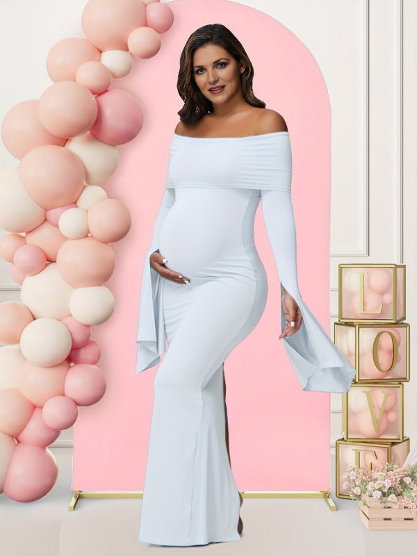 Mumsmode Zwangerschaps Maxi Babyshower Jurk Elegant Chique Off Shoulder Bodycon Zijsplit Gesplitste Mouwen