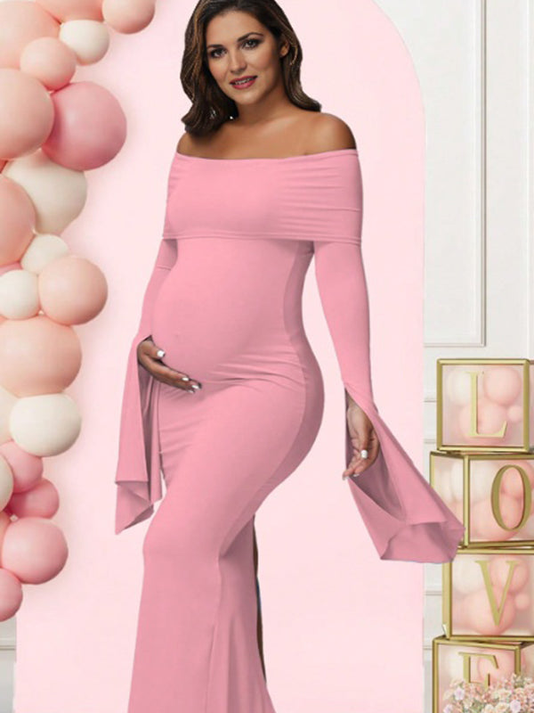 Mumsmode Zwangerschaps Maxi Babyshower Jurk Elegant Chique Off Shoulder Bodycon Zijsplit Gesplitste Mouwen