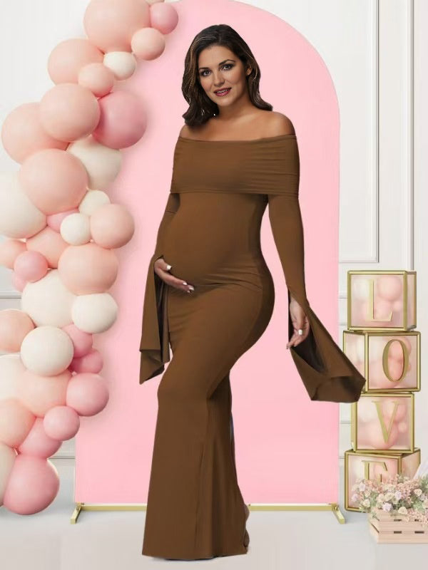 Mumsmode Zwangerschaps Maxi Babyshower Jurk Elegant Chique Off Shoulder Bodycon Zijsplit Gesplitste Mouwen