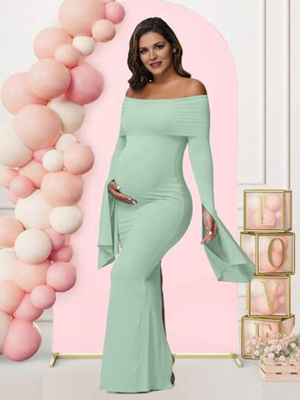 Mumsmode Zwangerschaps Maxi Babyshower Jurk Elegant Chique Off Shoulder Bodycon Zijsplit Gesplitste Mouwen