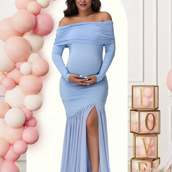 Blauwe zwangerschaps maxi jurk met off-shoulder, patchwork en zeemeerminmodel, ideaal voor een babyshower.