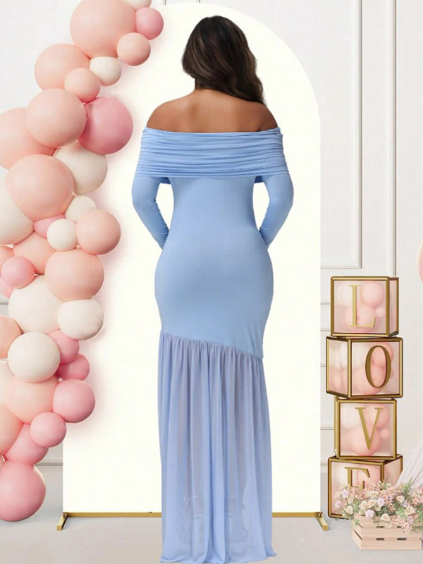 Mumsmode Zwangerschaps Maxi Babyshower Jurk Elegant Chique Off Shoulder Zijsplit Zeemeermin Patchwork