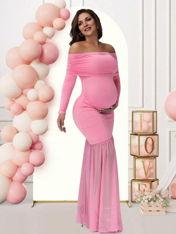 Mumsmode Zwangerschaps Maxi Babyshower Jurk Elegant Chique Off Shoulder Zijsplit Zeemeermin Patchwork