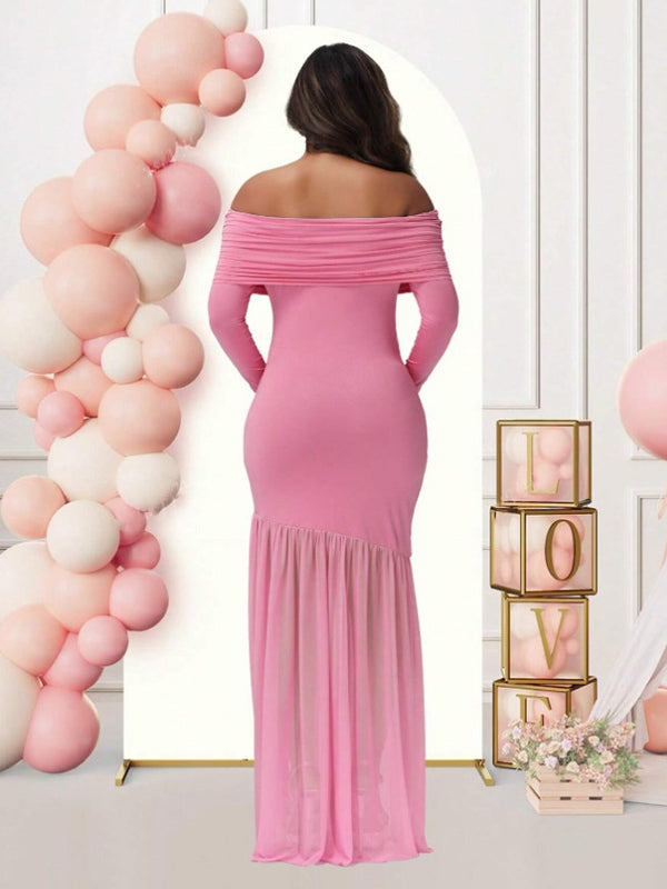 Mumsmode Zwangerschaps Maxi Babyshower Jurk Elegant Chique Off Shoulder Zijsplit Zeemeermin Patchwork