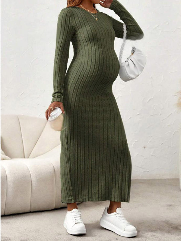 Mumsmode Zwangerschaps Maxi Daily Jurk Basis Chique Zijsplit Bodycon Gestreept