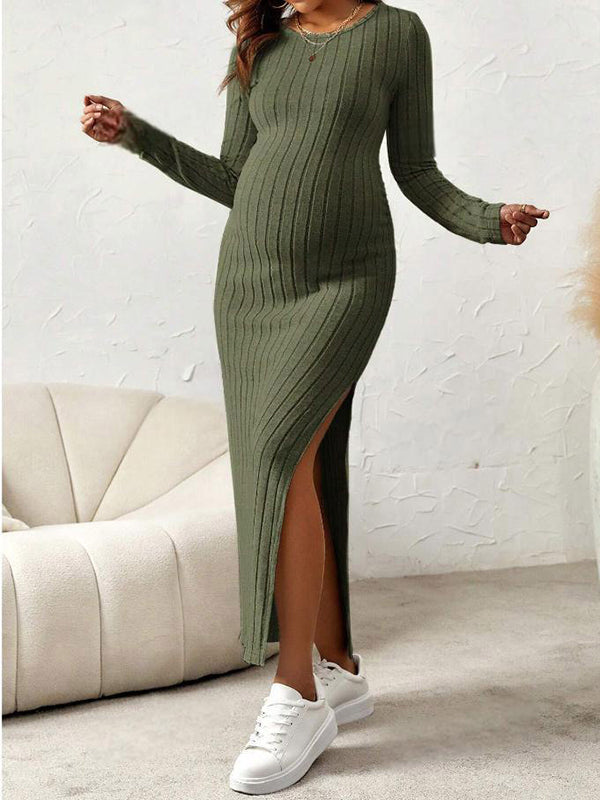 Mumsmode Zwangerschaps Maxi Daily Jurk Basis Chique Zijsplit Bodycon Gestreept