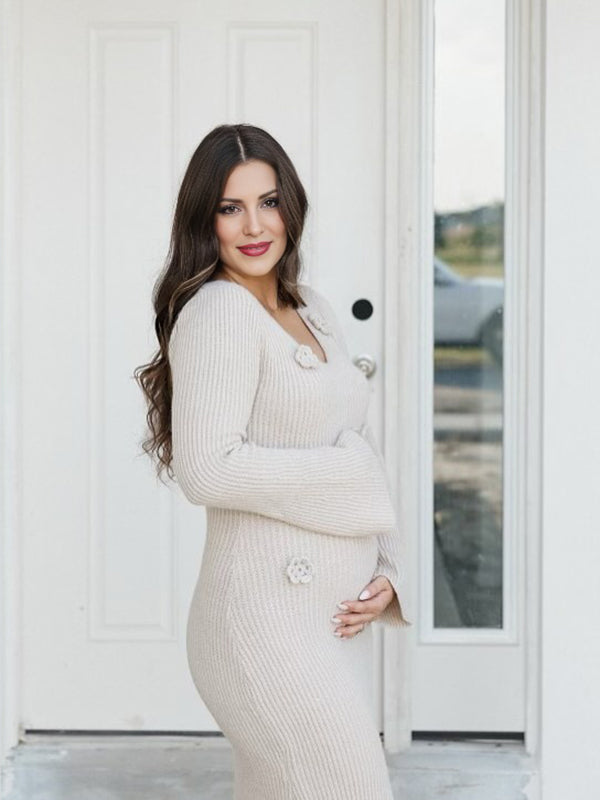 Mumsmode Zwangerschaps Maxi Bodycon Jurk Fotoshoot Vakantie 3D Bloemen Flare Mouw