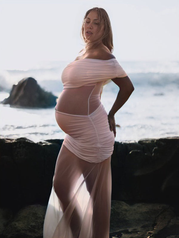 Mumsmode Zwangerschaps Maxi Fotoshoot Jurk Chique Tule Patchwork Transparant Een Open Schouder Gedrapeerd