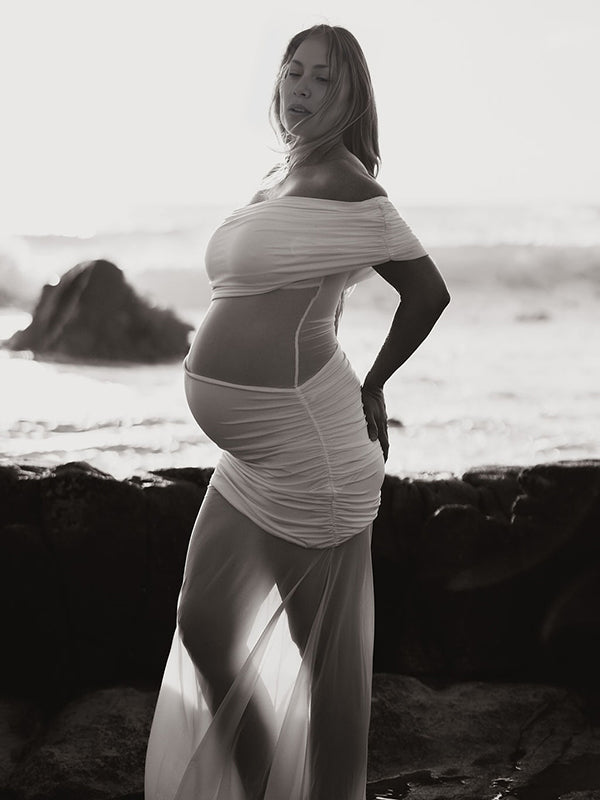 Mumsmode Zwangerschaps Maxi Fotoshoot Jurk Chique Tule Patchwork Transparant Een Open Schouder Gedrapeerd