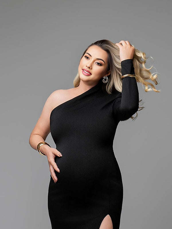 Mumsmode Zwangerschaps Maxi Fotoshoot Jurk Chique Elegant Bodycon Een Open Schouder Zijsplit
