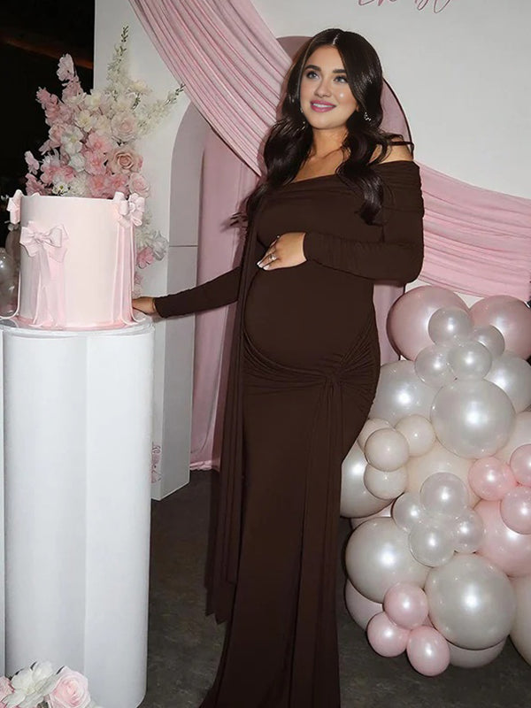 Mumsmode Zwangerschaps Maxi Bodycon Jurk Ceremonie Off Shoulder Knooppunt Onregelmatig lintje