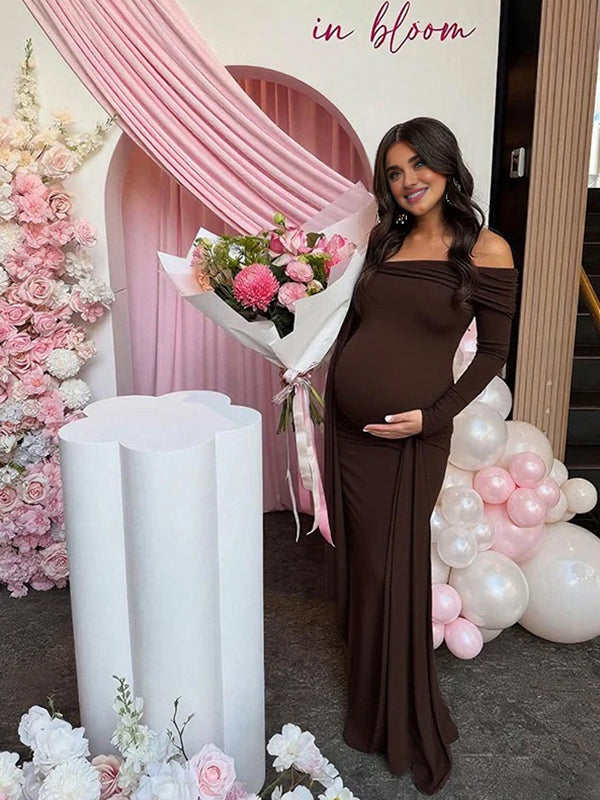 Mumsmode Zwangerschaps Maxi Bodycon Jurk Ceremonie Off Shoulder Knooppunt Onregelmatig lintje