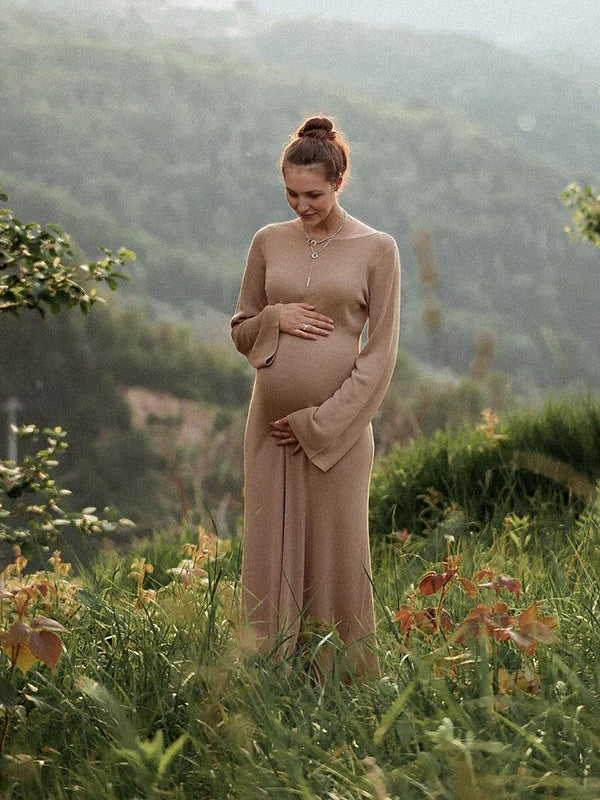 Mumsmode Zwangerschaps Maxi Fotoshoot Jurk Vakantie Dagelijks Rugloos Flare Mouw