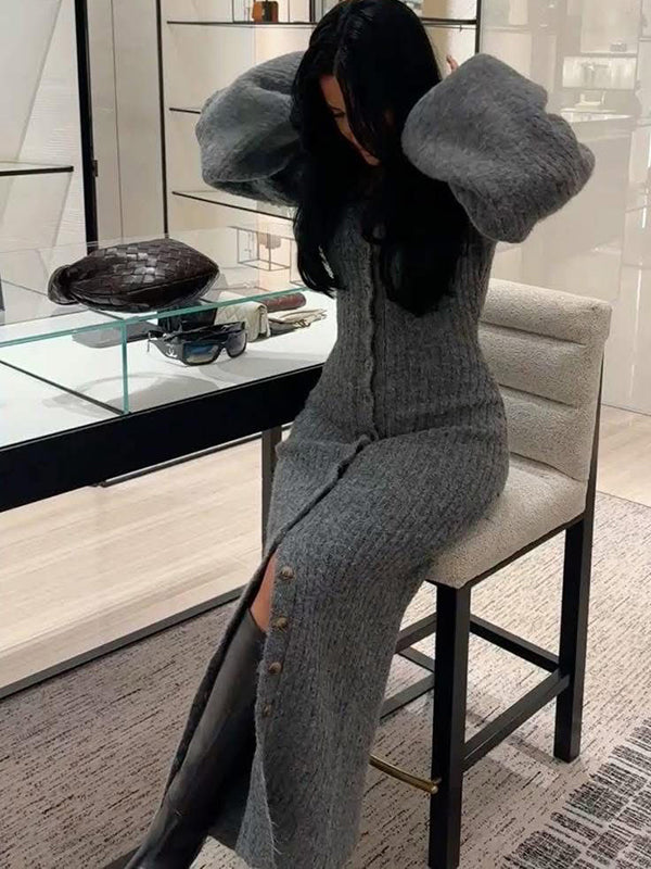 Mumsmode Zwangerschaps Maxi Truien Jurk Elegant Chique Dagelijks Gebreide Enkele Borst Lantaarn Mouw