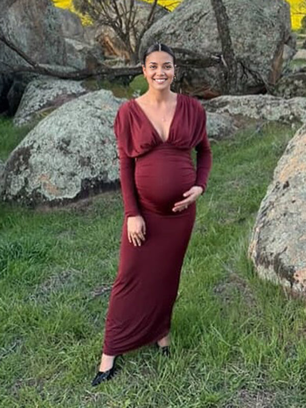 Mumsmode Zwangerschaps Maxi Bodycon Jurk Ceremonie Gekreukt Diep Decolleté