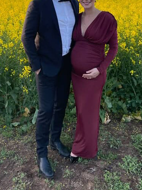 Mumsmode Zwangerschaps Maxi Bodycon Jurk Ceremonie Gekreukt Diep Decolleté
