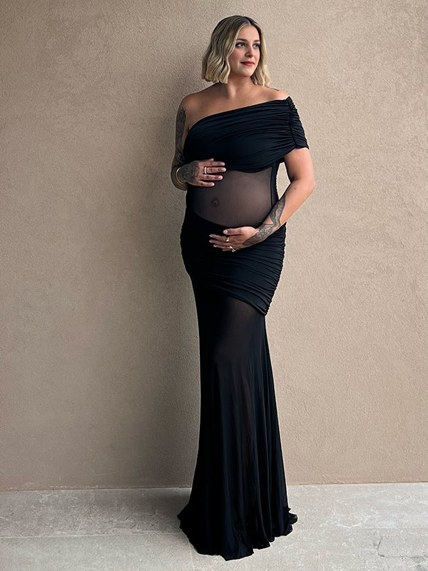 Mumsmode Zwangerschaps Maxi Fotoshoot Jurk Chique Tule Transparant Een Open Schouder Gedrapeerd