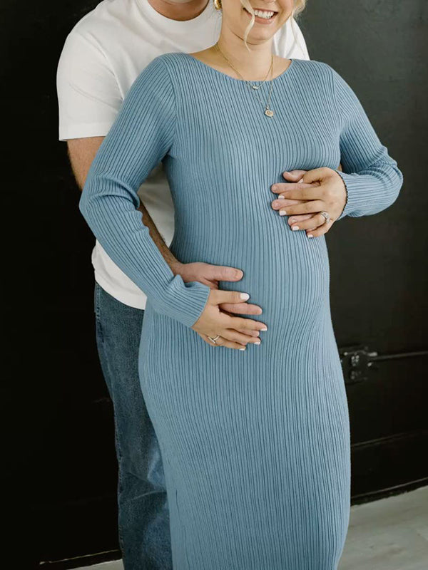 Mumsmode Zwangerschaps Maxi Fotoshoot Jurk Ceremonie Gestreept Gekreukt Bodycon