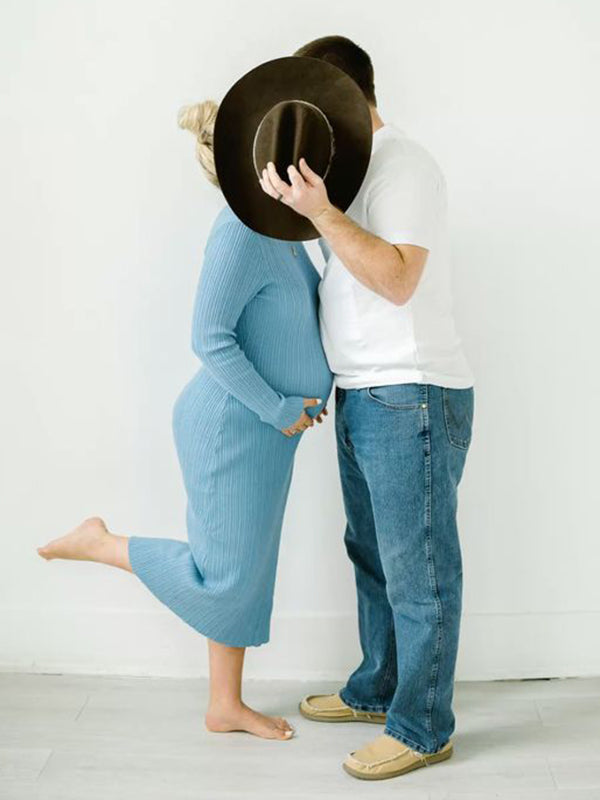 Mumsmode Zwangerschaps Maxi Fotoshoot Jurk Ceremonie Gestreept Gekreukt Bodycon