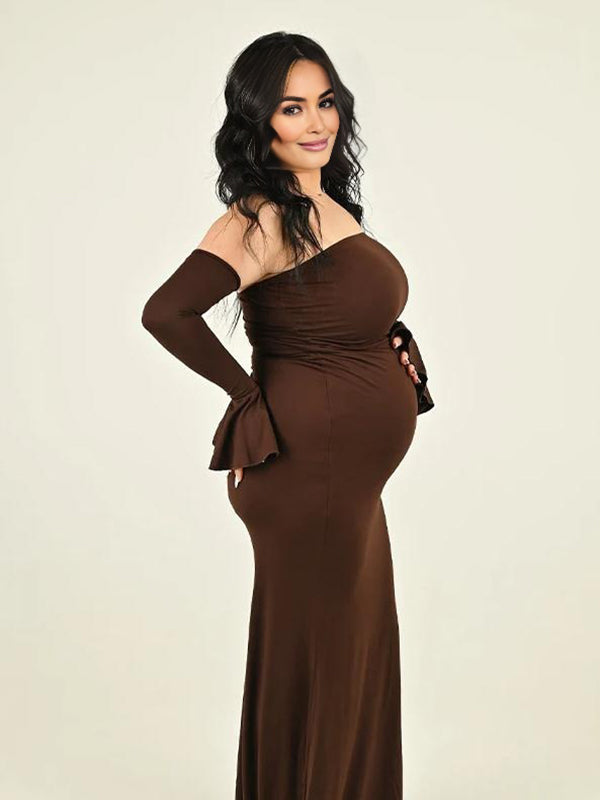 Mumsmode Zwangerschaps Maxi Fotoshoot Jurk Chique Bandeau Bodycon Zeemeermin Ruches