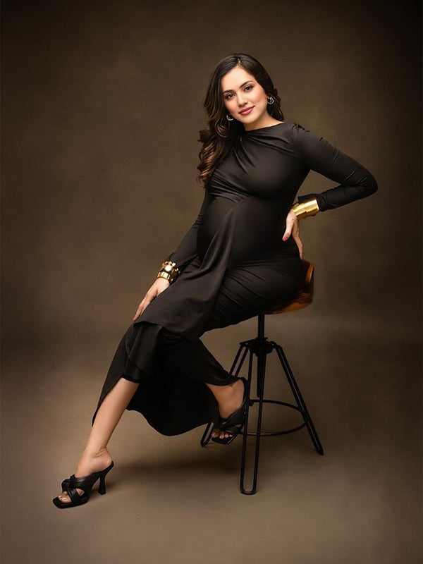 Mumsmode Zwangerschaps Maxi Fotoshoot Jurk Chique Elegant Ruches Zijsplit