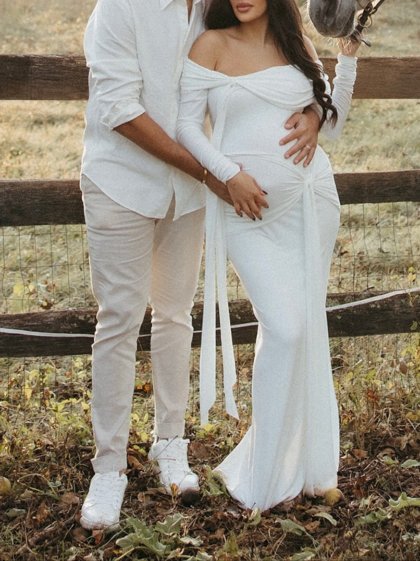 Mumsmode Zwangerschaps Maxi Fotoshoot Jurk Chique Off Shoulder Knooppunt Lintje Zijsplit