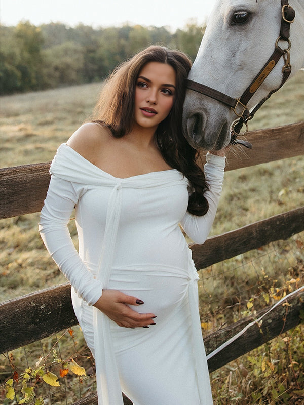 Mumsmode Zwangerschaps Maxi Fotoshoot Jurk Chique Off Shoulder Knooppunt Lintje Zijsplit