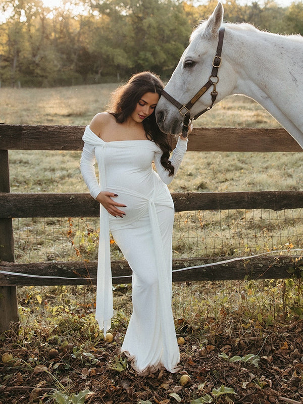 Mumsmode Zwangerschaps Maxi Fotoshoot Jurk Chique Off Shoulder Knooppunt Lintje Zijsplit