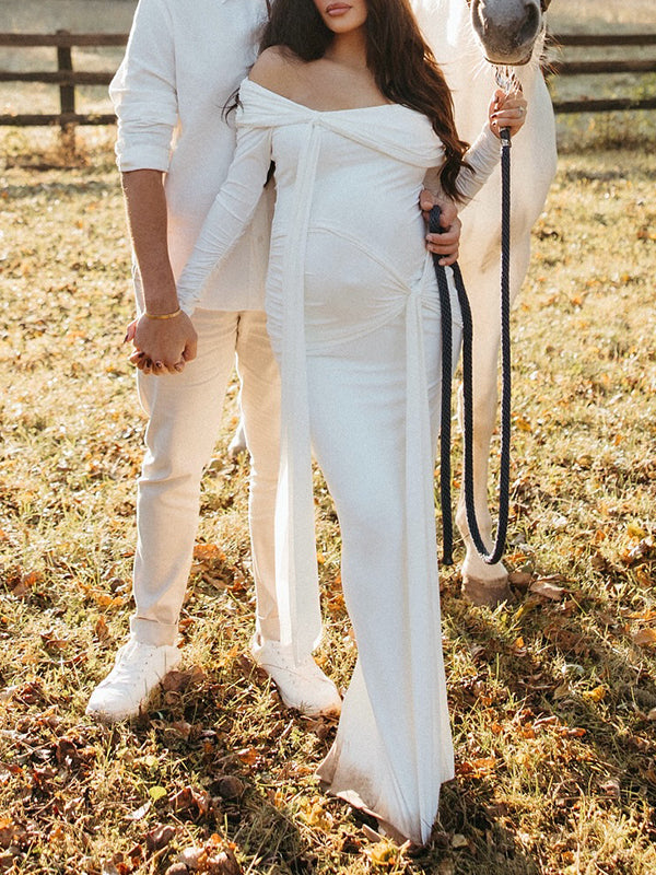 Mumsmode Zwangerschaps Maxi Fotoshoot Jurk Chique Off Shoulder Knooppunt Lintje Zijsplit