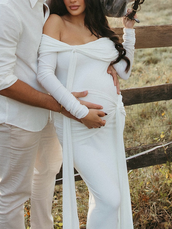 Mumsmode Zwangerschaps Maxi Fotoshoot Jurk Chique Off Shoulder Knooppunt Lintje Zijsplit