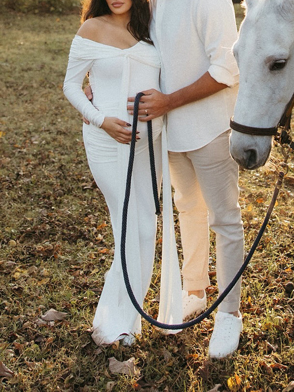 Mumsmode Zwangerschaps Maxi Fotoshoot Jurk Chique Off Shoulder Knooppunt Lintje Zijsplit