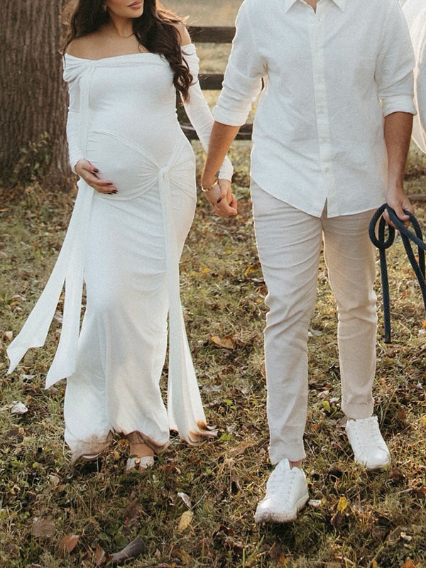 Mumsmode Zwangerschaps Maxi Fotoshoot Jurk Chique Off Shoulder Knooppunt Lintje Zijsplit